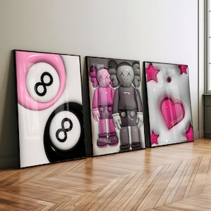 Set Of 3 HypeBeast Room Decor, Hypebast kaws Poster, Cool Wall Art Set, 3D Wall Art, HypeBeast Wall Art, Trendy Wall Art, digital download