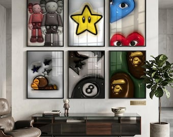 HypeBeast Set of 3 Room Decor, Hypebast kaws Poster, Cool Wall Art Set,, 3D Wall Art, HypeBeast Wall Art, Trendy Wall Art,.