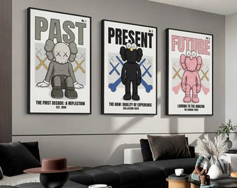 Set di poster "Passato, Presente, Futuro" di Kaws, stampe artistiche in stile graffiti (download digitale)