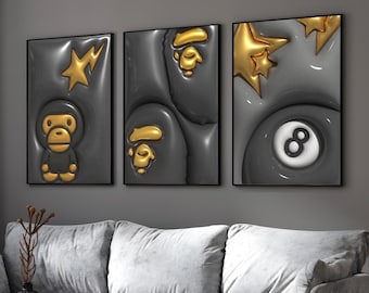 HypeBeast Set of 3 Room Decor, Hypebast kaws Poster, Cool Wall Art Set,, 3D Wall Art, HypeBeast Wall Art, Trendy Wall Art,