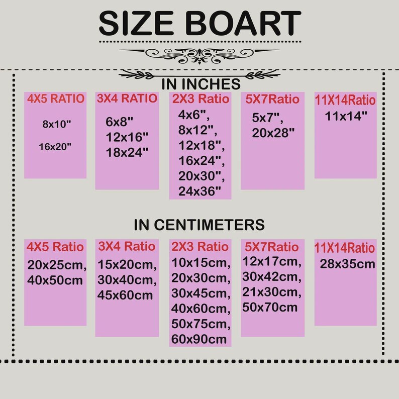May include: A size chart with dimensions in inches and centimeters. The chart includes common aspect ratios like 4x5, 3x4, 2x3, 5x7, and 11x14, with corresponding sizes such as 8x10 inches and 20x25cm.