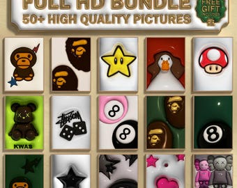 May include: A collection of colorful, high-quality pictures, including a cartoon ape, a yellow star, a mushroom, a bear, dice, and an eight ball. The images are displayed in a grid, with the text "FULL HD BUNDLE" and "50+ HIGH QUALITY PICTURES" at the top.