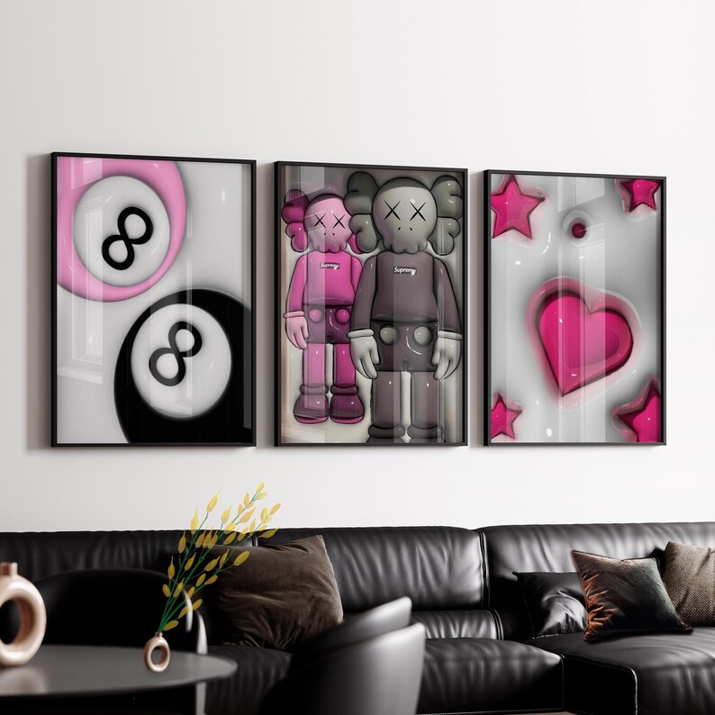 Set Of 3 HypeBeast Room Decor, Hypebast kaws Poster, Cool Wall Art Set, 3D Wall Art, HypeBeast Wall Art, Trendy Wall Art,