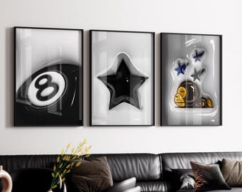 HypeBeast Set of 3 Room Decor, Hypebast kaws Poster, Cool Wall Art Set,, 3D Wall Art, HypeBeast Wall Art, Trendy Wall Art,