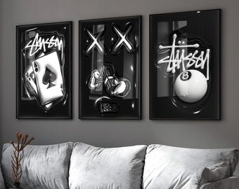 3er Set HypeBeast Raumdekor, Hypebast Kaws Poster, coole Wandkunst Set, 3D Wandkunst, HypeBeast Wandkunst, trendige Wandkunst, digitaler Download