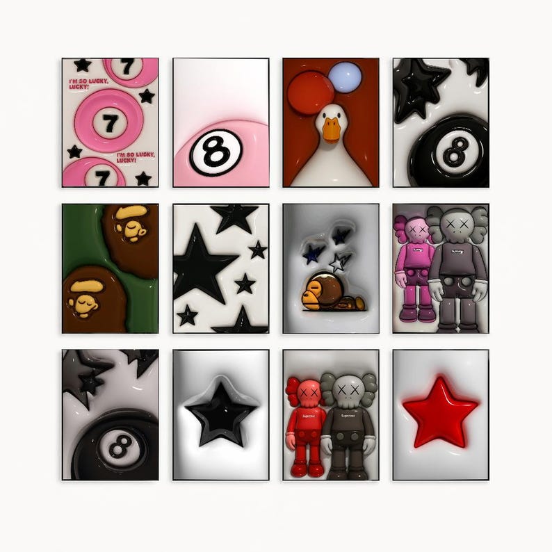 Set Of 3 HypeBeast Room Decor, Hypebast kaws Poster, Cool Wall Art Set,, 3D Wall Art Bundle, HypeBeast Wall Art, Trendy Wall Art.