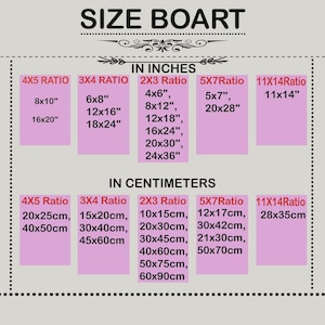 May include: A size chart displaying print dimensions in inches and centimetres. It features ratios like 4x5, 3x4, and 2x3, with measurements such as 8x10 inches and 20x25cm.