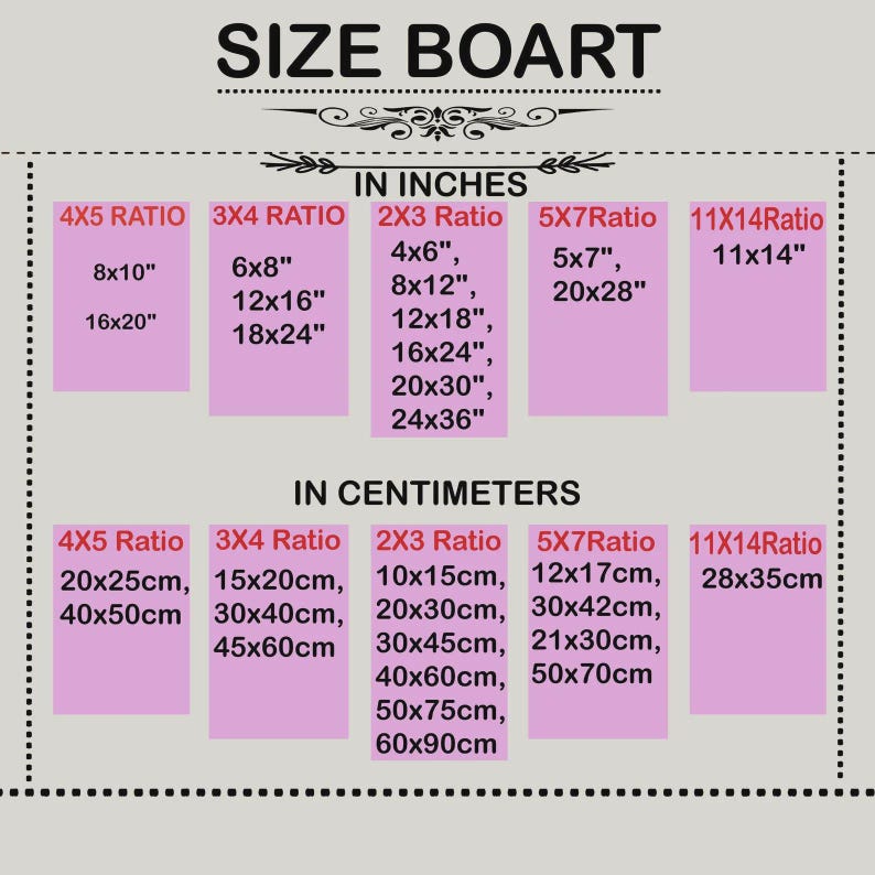 May include: A size chart displaying print dimensions in inches and centimetres. It features ratios like 4x5, 3x4, and 2x3, with measurements such as 8x10 inches and 20x25cm.