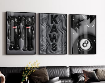 Set Of 3 HypeBeast Room Decor, Hypebast kaws Poster, Cool Wall Art Set, 3D Wall Art, HypeBeast Wall Art, Trendy Wall Art, digital download