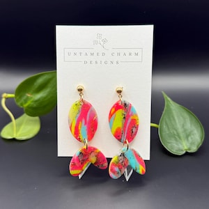 Neon Abstract Dangle Earrings | Handmade Polymer Clay Statement Jewelry | Lightweight & Hypoallergenic | Colorful with Gold Accents