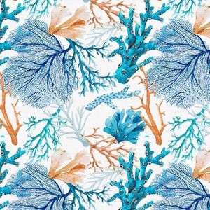 Ocean Coral Reef Digital Print Upholstery Fabric – Vibrant Blue, Orange & Aqua Sea Life Pattern for Nautical Home Decor Projects