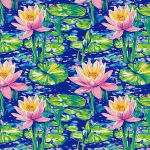 Water Lily Pond Fabric – Monet-Inspired Floral Print with Pink Lotus Blooms on Blue Water for Quilts, Apparel, Home Decor Crafts Upholstery