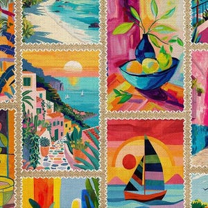 Carte postale méditerranéenne en tissu pour panneaux, scènes côtières vibrantes, voiliers, art fruitier dans un style patchwork pour décoration, courtepointe et travaux manuels, décoration d'intérieur