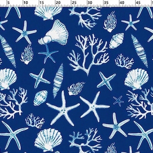 Nautical Sea Shell Starfish Coral Ocean Blue Upholstery Fabric | Coastal Beach Marine Theme Fabric by the Meter for Home Décor & Crafts
