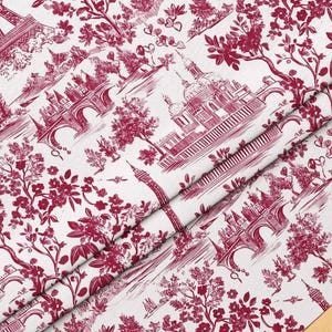 Romantic Red Paris Toile Digitally Printed Upholstery Fabric for French Country Vintage Home Décor Curtains, Crafts Interior Design Projects