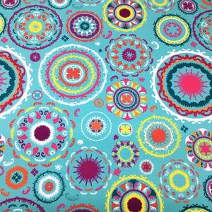 Vibrant Bohemian Medallion Circles Fabric – Colorful Ethnic Mandala Pattern Blue Suzani Textile Projects Cushion Crafts, DIY Home Styling
