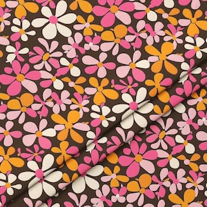 Retro Floral Upholstery Fabric – 70s Orange, Pink & Cream Daisies on Brown – Bold Flower Power Fabric for Vintage Decor DIY Projects