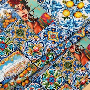 Bunter Mediterran Tile Boho-Polsterstoff – Italienische Küste mit Früchten, Patchwork-Druck, dekorativer Stoff, DIY-Projekte
