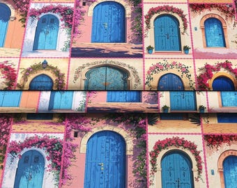 Charming Mediterranean Door Fabric – Blue Doors with Floral Arches on Pink Walls for Upholstery, Quilting & Cottagecore Decor, Ethnic Fabric