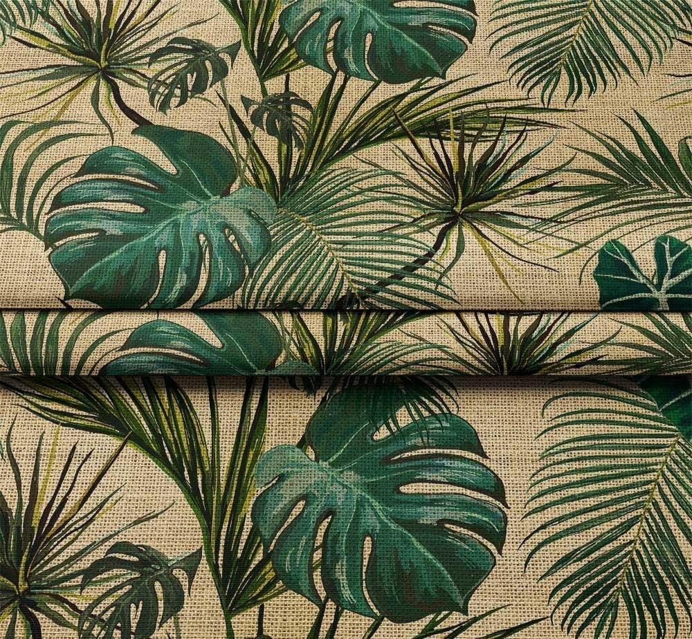 Tropical Monstera Palm Leaf Print on Textured Burlap-Look Upholstery Fabric – Bold Jungle Vibes for Chairs, Cushions & Décor Projects