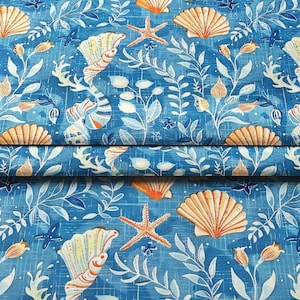 Seashell Starfish Ocean Digital Print Upholstery Fabric – Coastal Marine Blue Textile for Nautical Home Décor, DIY Crafts, Cushion Projects