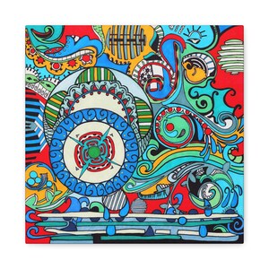 May include: Square decorative pillow with a vibrant abstract design. The artwork features a mix of colors including red, blue, yellow, and green. The design includes swirls, circles, and geometric shapes, creating a visually dynamic piece.