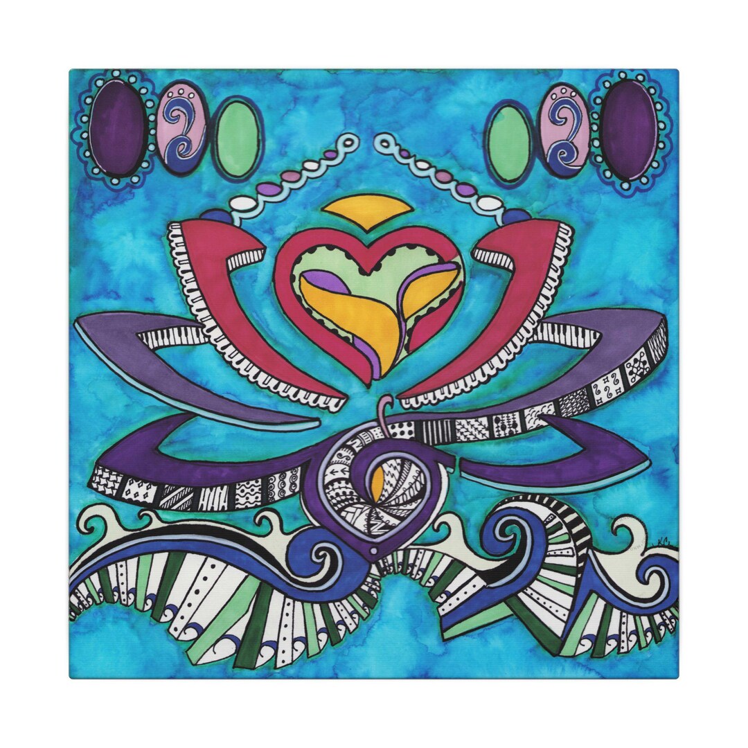 Colorful Heart Blue Lotus Flower Art Canvas. Lotus Flower Mandala Wall ...