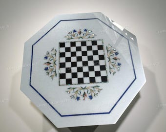 Schaaktafelblad met marmerinleg, stenen schaakbordtafel, handgemaakt stenen schaakbord, schaakbord met bloemen, schaakbord met bloemen, luxe decoratief schaakbord