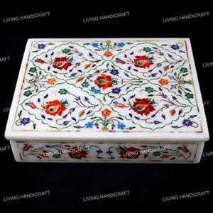 Marble Inlay Jewelry Box, Semi Precious Stone Inlaid Box, Floral Stone Art, Luxury Storage Box, Unique Gift for Her, Pietra Dura Box
