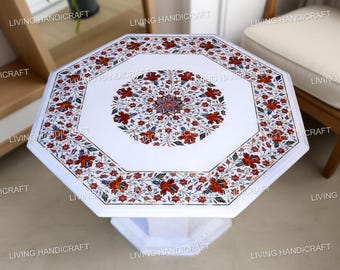 White Marble Coffee Table, Semi Precious Stone Marquetry Inlay Arts, Handmade Furniture Modern, Marquetry Garden Decors, Sofa table
