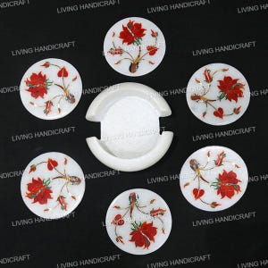 Floral Marble Coaster Set: Pietra Dura Stone Inlay, Set of 6