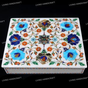 White Marble Inlay Jewelry Box, Semi Precious Stone Inlaid Box, Floral Stone Art, Luxury Storage Box, Unique Gift for Her, Pietra Dura Box