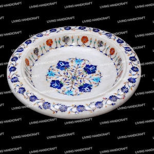 Marmor Inlay Trockenobstschale, florale Edelsteinschale, Mittelstückschale, Servierschale, Pietra Dura Art, Tischschale für Wohndekor, Tischdekor