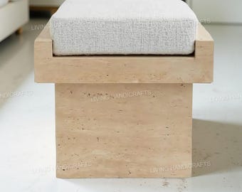 Natural Travertine Stool, Marble Handmade Stool Will cushion, beige cream stone Stool, Accent Stool, luxury Minimalist Home Decor