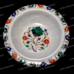 Marble Fruit bowl, Floral Inlay Bowl, floral gemstone bowl, Center Piece bowl, Serving bowl, Pietra Dura Art, Table bowl for home decor