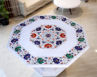 White Marble Inlay Coffee Table, Semi Precious Stone Marquetry Inlay Arts, Handmade Furniture Modern, Marquetry Garden Decors, Side Table