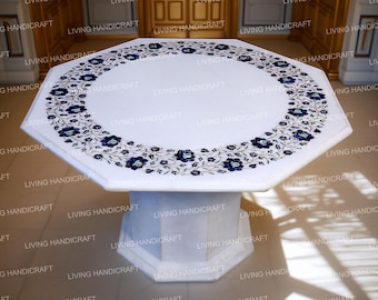 White Marble Coffee Table, Floral Gemstone Inlay, Pietra Dura Art, Handmade Modern Furniture, Marquetry Garden Decor, Center Table Top