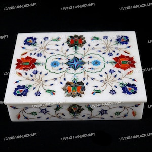 White Marble Inlay Jewelry Box, Semi Precious Stone Inlaid Box, Floral Stone Art, Luxury Storage Box, Unique Gift for Her, Pietra Dura Box