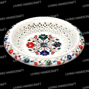 White Marble Inlay fruit bowl, floral gemstone bowl, Center Piece bowl, Serving bowl, Pietra Dura Art, Table bowl, home decor, table decor