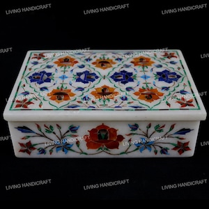 Marble Jewelry Box, Semi Precious Stone Inlay Box, Floral Stone Art, Luxury Storage Box, Unique Gift for Her, Pietra Dura Box