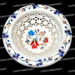 Marble fruit bowl, Pietra Dura Bowl, floral gemstone bowl, Center Piece bowl, Serving bowl, Pietra Dura Art, Table bowl for home decor