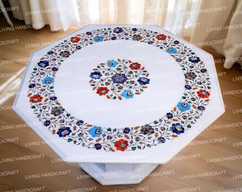 White Marble Coffee Table, Floral Gemstone Inlay, Pietra Dura Art, Handmade Modern Furniture, Marquetry Garden Decor, Center Table Top