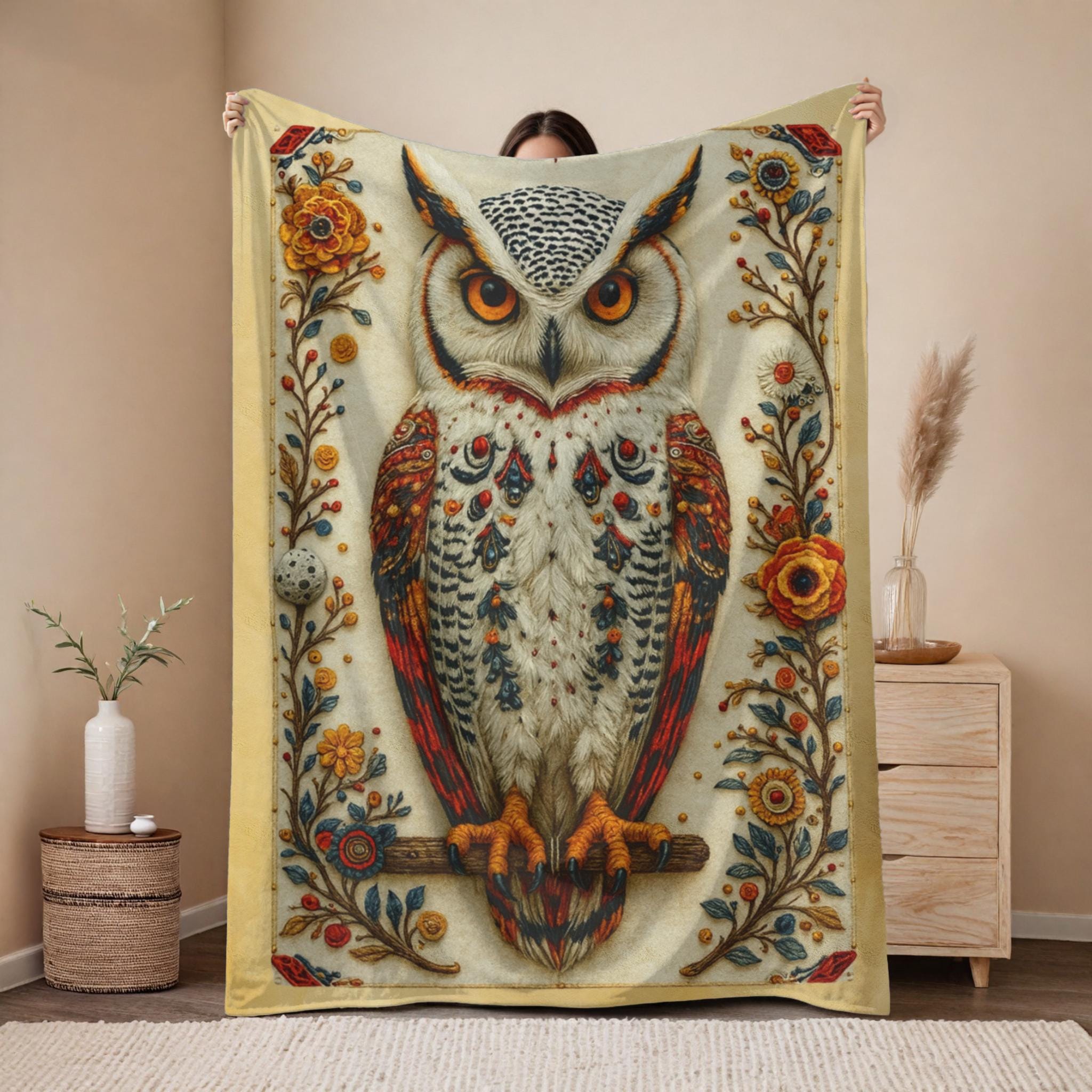 Rustic Owl Velveteen Plush Blanket: Embroidered Folk Art Throw