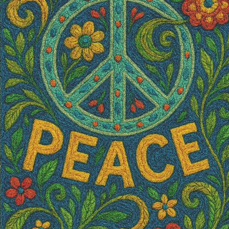 May include: A vibrant, embroidered design featuring a teal peace symbol with orange accents, surrounded by floral and leaf patterns. The word "PEACE" is embroidered in yellow. The background is a deep blue.