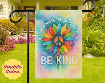 Be Kind Garden Flag, Rainbow Peace Flower (12x18 Inch Outdoor Decor)