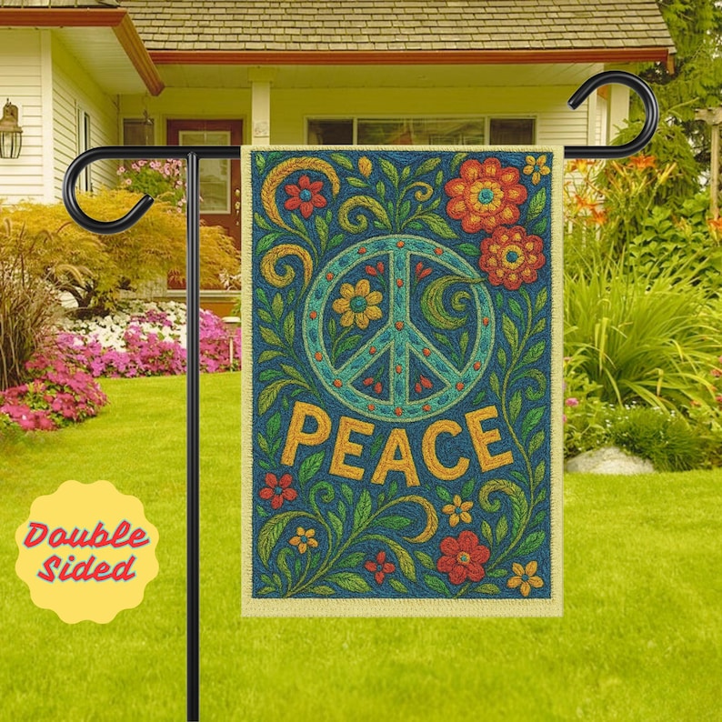 Peace Garden Flag, Embroidered Look Yard Decor, Hippie Peace Sign Garden Banner, Floral Peace Yard Sign, Boho Outdoor Flag, Gift for Her