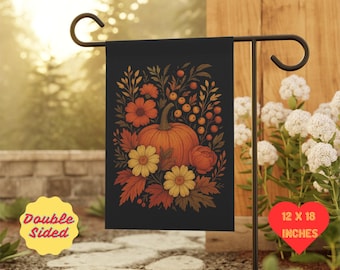 Bandera de jardín con flores de calabaza: decoración rústica otoñal (30 x 45 cm)