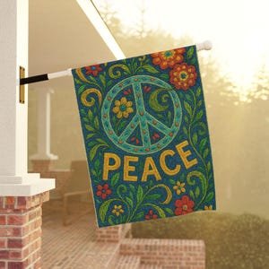 Peace House banner, Embroidered Look Yard Decor, Hippie Peace Sign Garden Flag, Floral Peace Yard Sign, Boho Outdoor Flag, Gift for Her