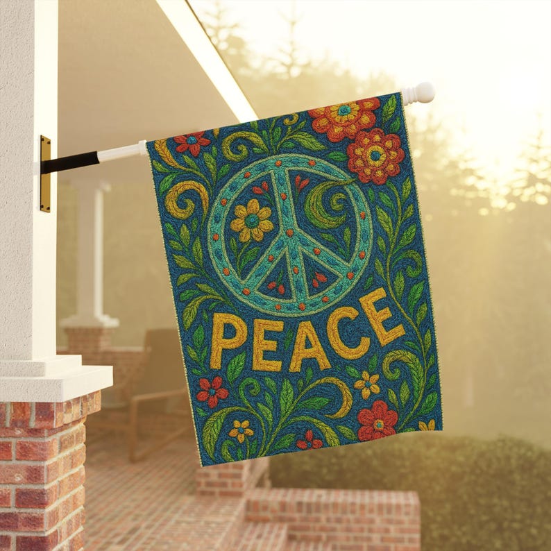 Peace House banner, Embroidered Look Yard Decor, Hippie Peace Sign Garden Flag, Floral Peace Yard Sign, Boho Outdoor Flag, Gift for Her