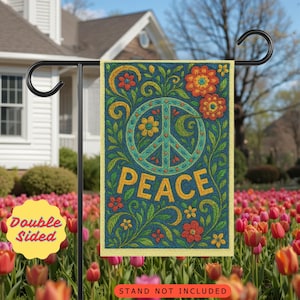 Peace Garden Flag, Embroidered Look Yard Decor, Hippie Peace Sign Garden Banner, Floral Peace Yard Sign, Boho Outdoor Flag, Gift for Her